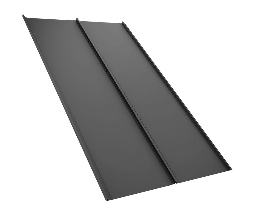 Sleek retro roof panel with standing seam and fasteners. Modern galvanized steel roofing sheet with ribs isolated on white background. Falz roofing. Classic style black metal panel with rebate joint Comparison of striated vs flat standing seam panels