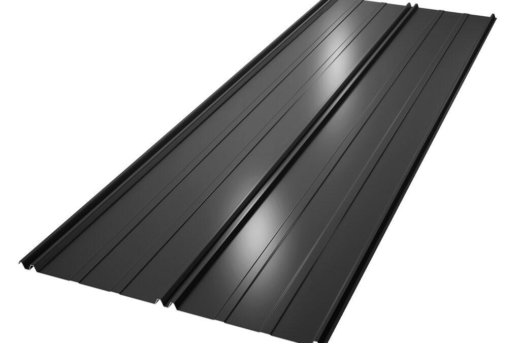 Standing seam metal roof panel with striations to minimize oil canning