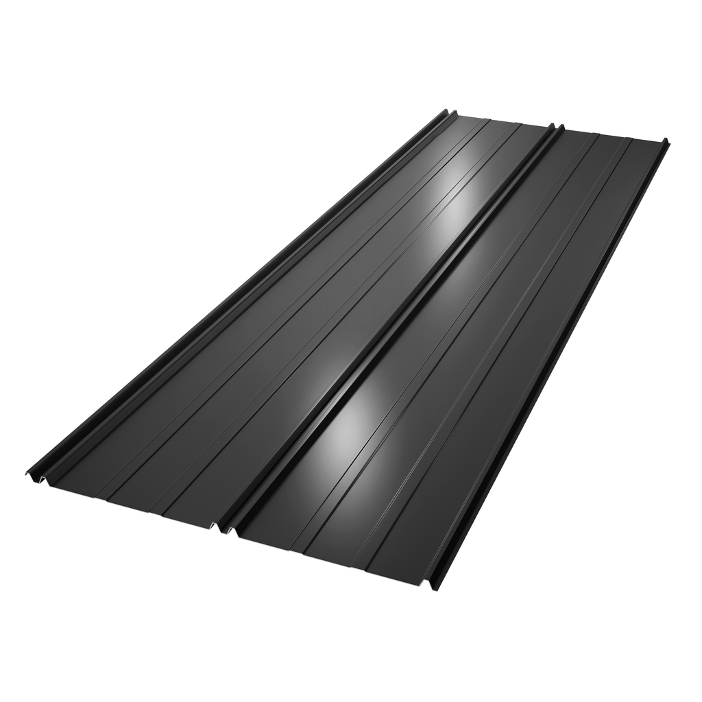 Black retro roof panel with standing seam and fasteners. Modern galvanized steel roofing sheet with ribs isolated on white background. Falz roofing. Classic style black metal panel with rebate joint Standing seam metal roof panel with striations to minimize oil canning